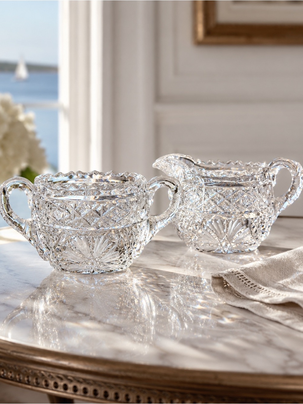 Vintage Heavy Cut Crystal Sugar & Creamer Set | Starburst Crystal Tableware